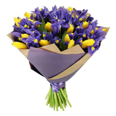 Buchet din Lalele Galbene si Iris